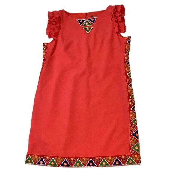 Vince Camuto Women’s Coral Aztec Embroidered Ruffle Sleeve Dress Size 12P - Picture 5 of 16
